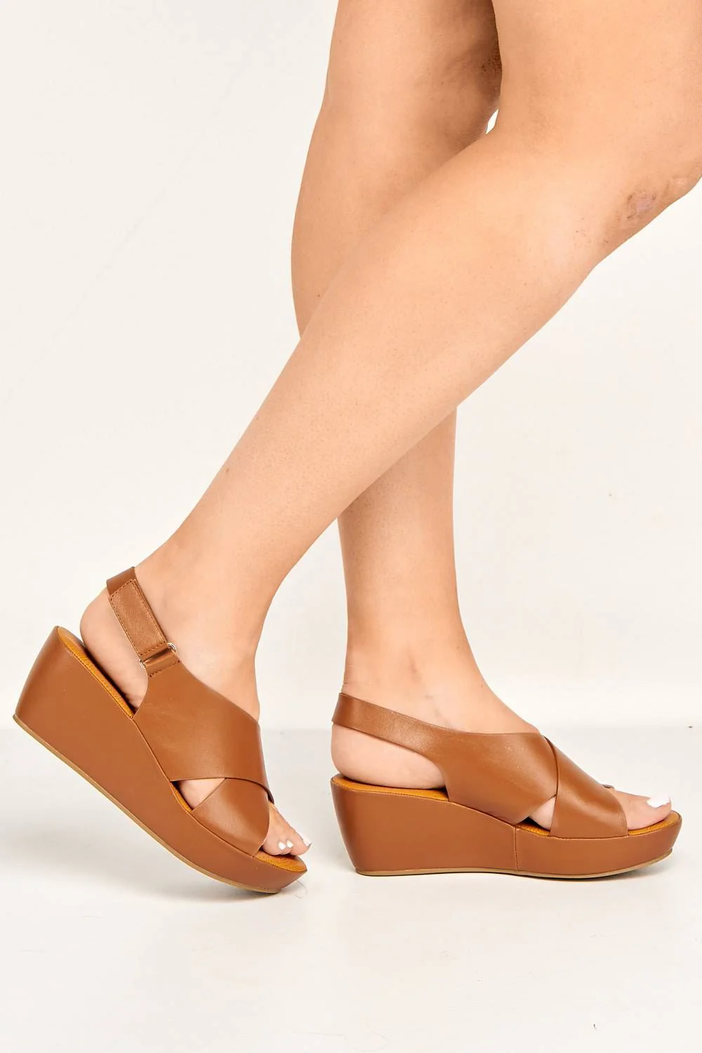 Klara Criss-Cross Straps Wedge Sandals in Tan - Image 3
