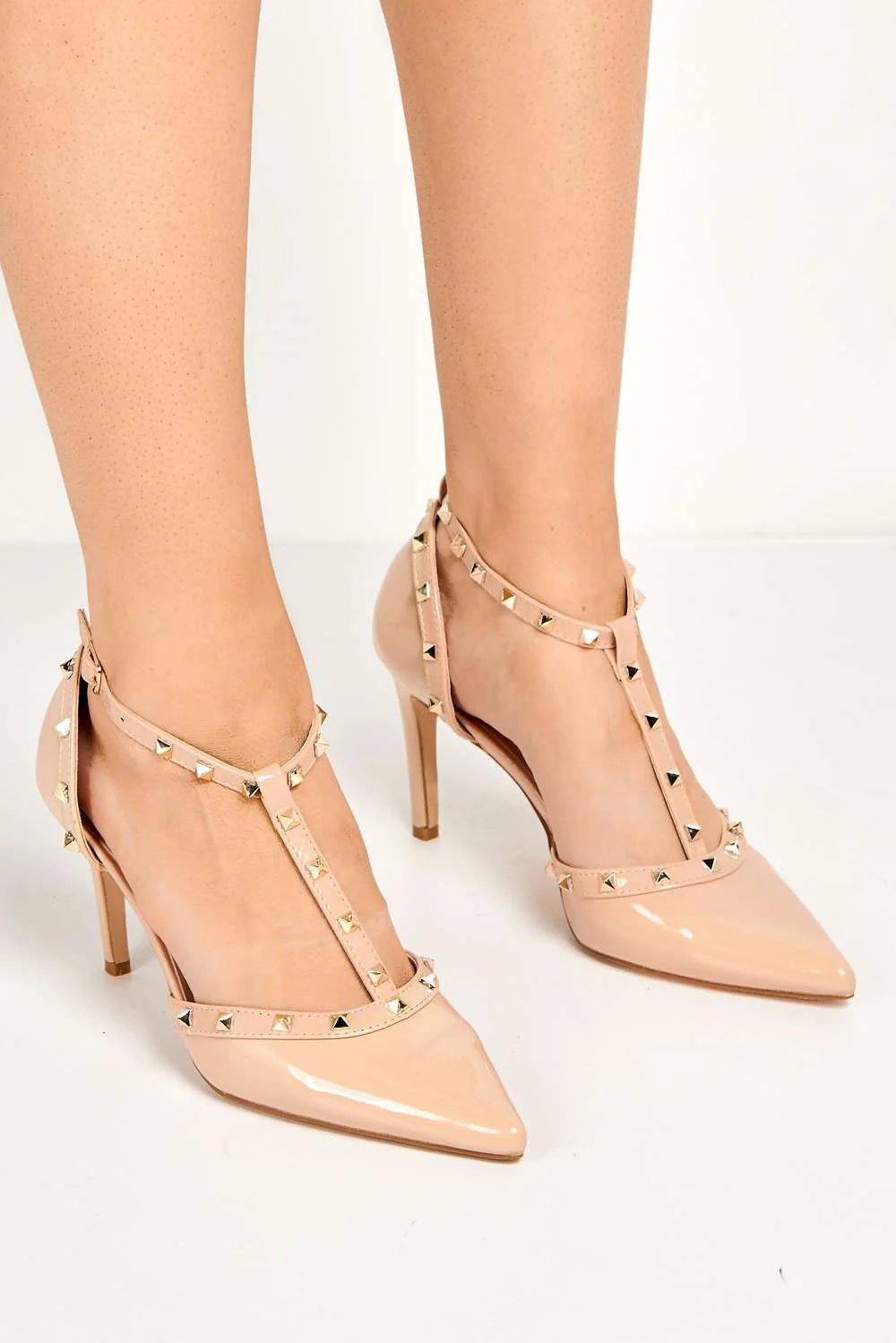 Kloss Mid Heel Studded Slingback Court Shoe in Nude Patent - Image 3