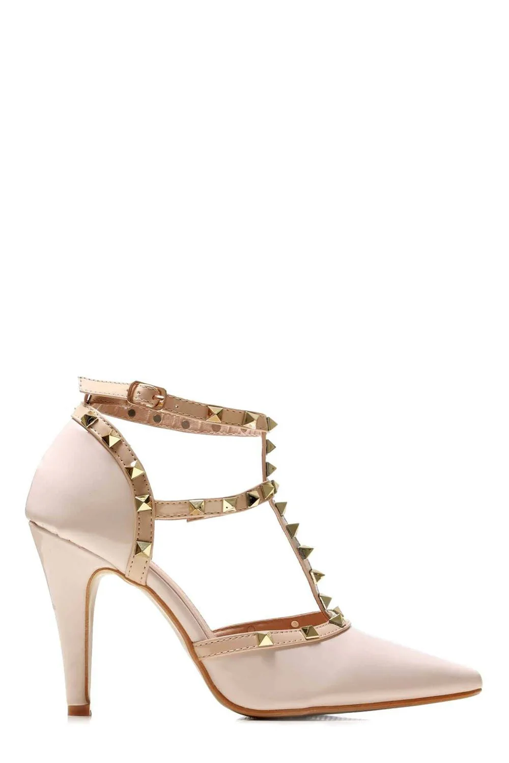 Kloss Mid Heel Studded Slingback Court Shoe in Nude Patent - Image 4
