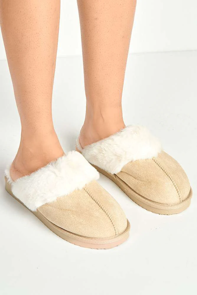 Koko Closed Toe Fluffy Slipper in Beige