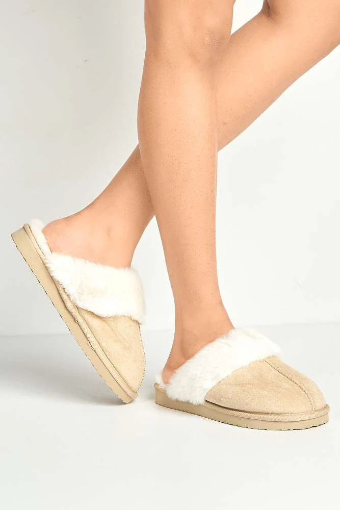 Koko Closed Toe Fluffy Slipper in Beige - Image 2