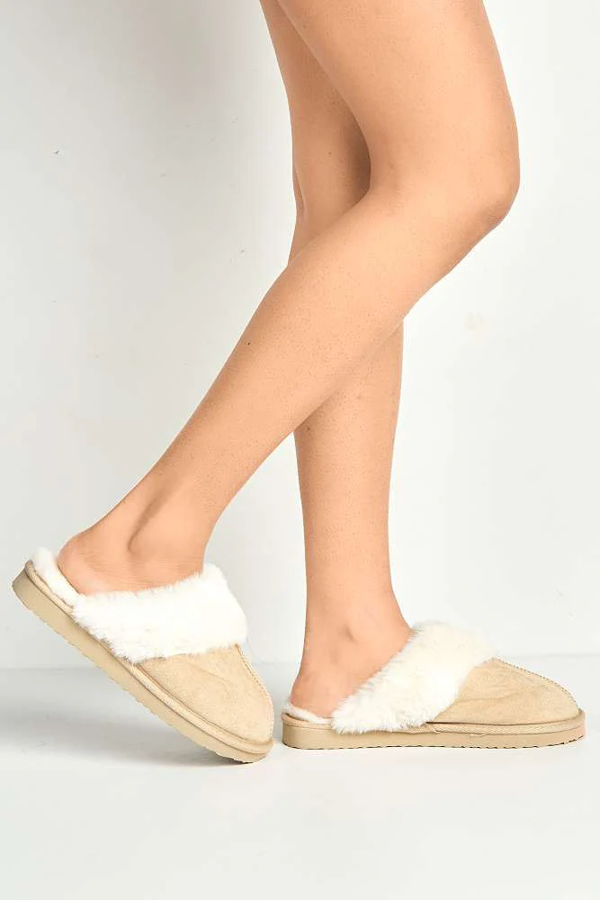 Koko Closed Toe Fluffy Slipper in Beige - Image 3