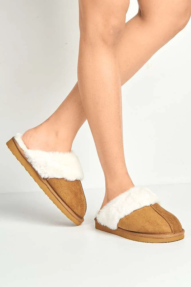 Koko Closed Toe Fluffy Slipper in Camel - Image 2