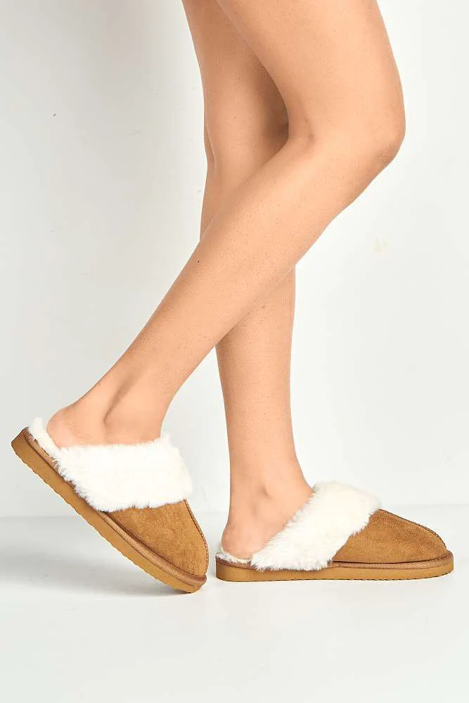 Koko Closed Toe Fluffy Slipper in Camel - Image 3