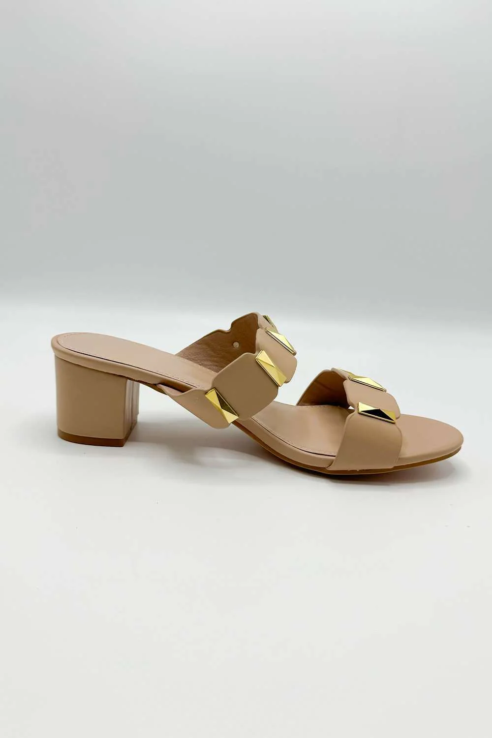 Kolee Stud Detail Block Heel Mules in Beige - Image 2