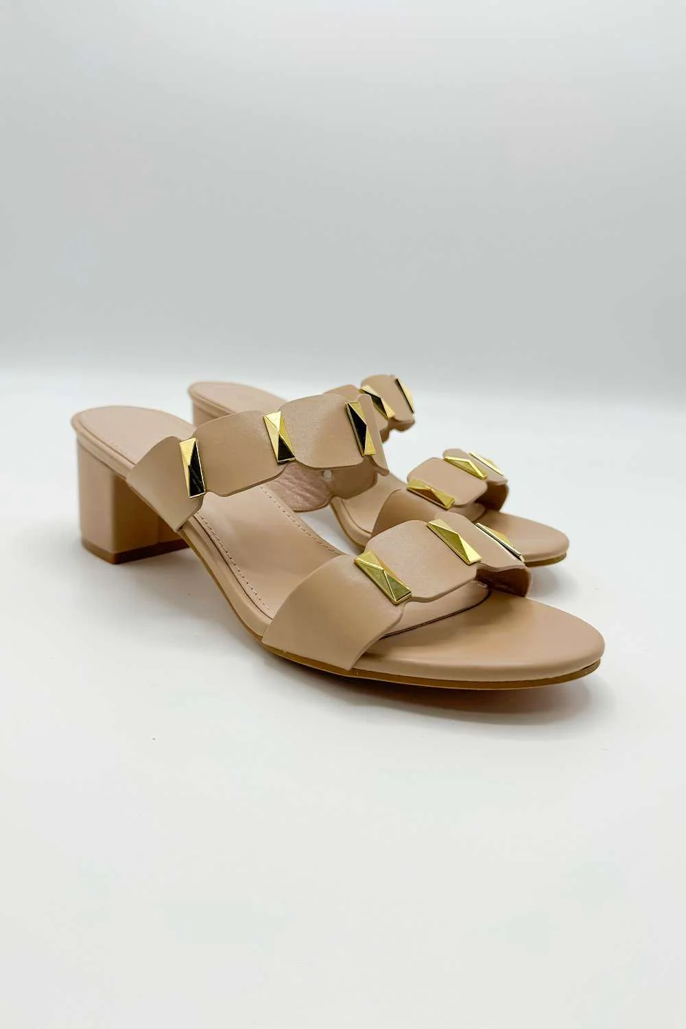Kolee Stud Detail Block Heel Mules in Beige - Image 3