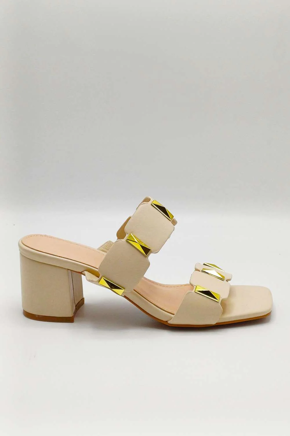 Kolee Stud Detail Block Heel Mules in Cream - Image 3