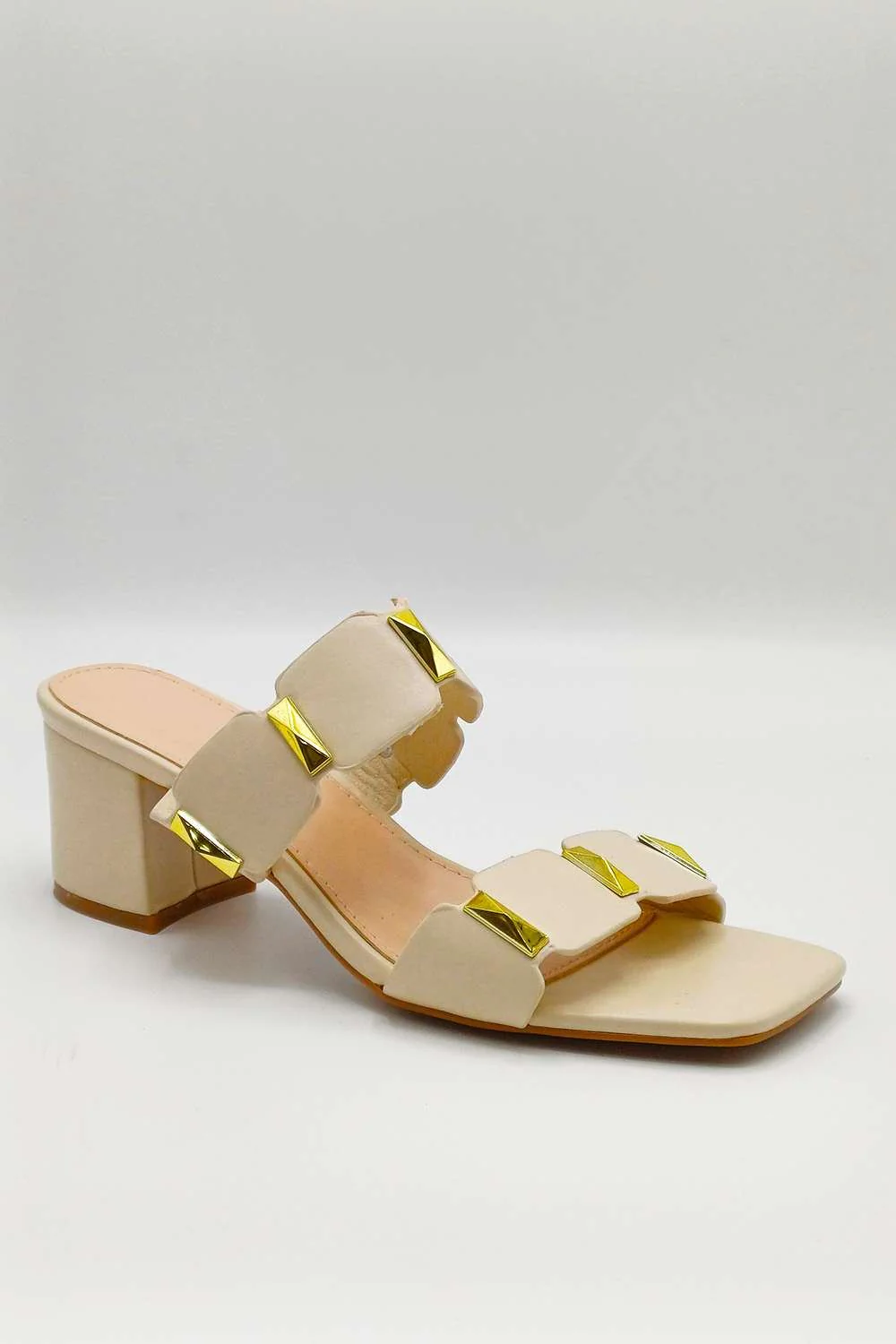 Kolee Stud Detail Block Heel Mules in Cream - Image 4