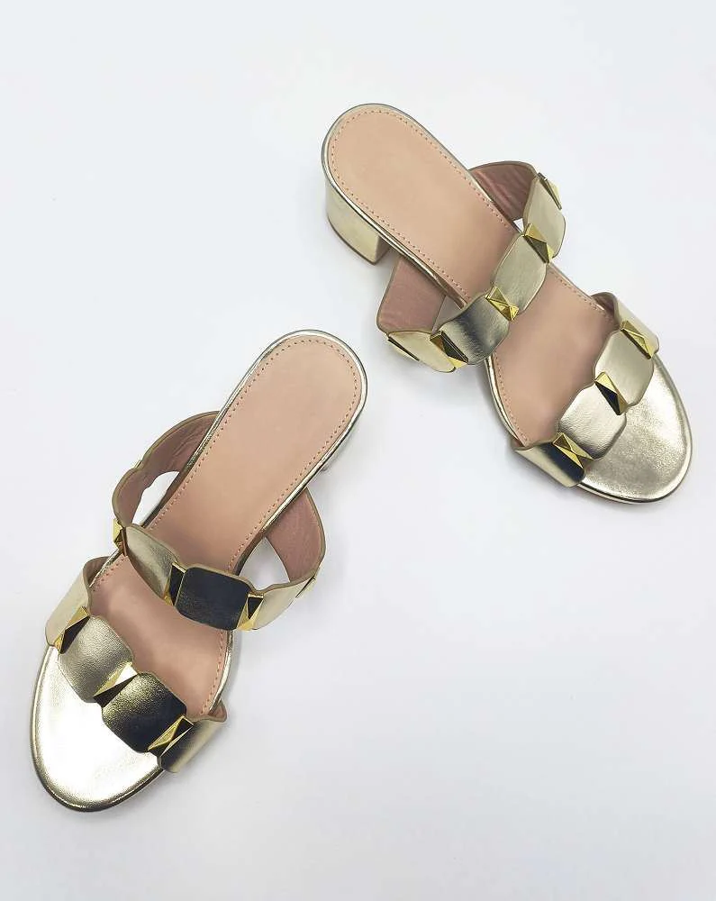 Kolee Stud Detail Block Heel Mules in Gold - Image 3