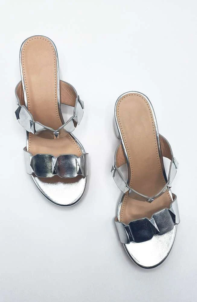 Kolee Stud Detail Block Heel Mules in Silver - Image 3