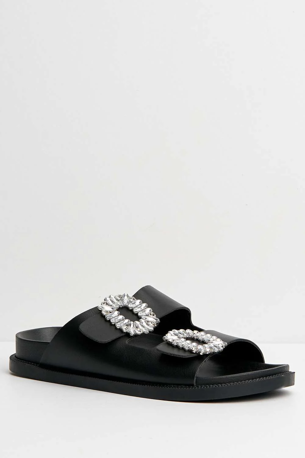 Kora Diamante Brooch Detail Flat Sandals in Black - Image 4