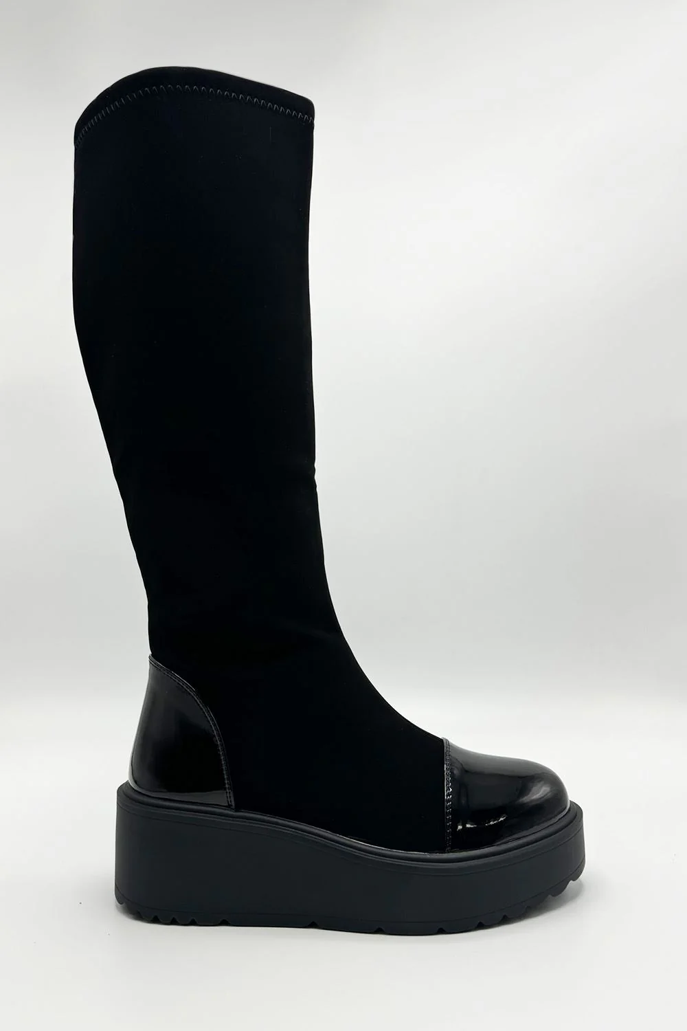 Kroo Patent Detail Chunky Sole Knee High Boots in Black - Image 2