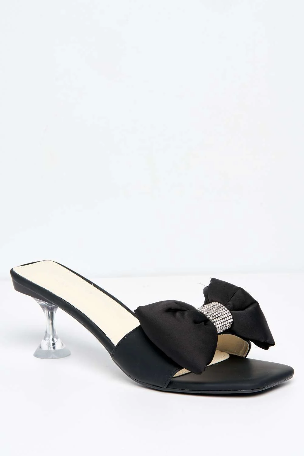 Kyra Bow Detail Low Perspex Heel Mules in Black - Image 4