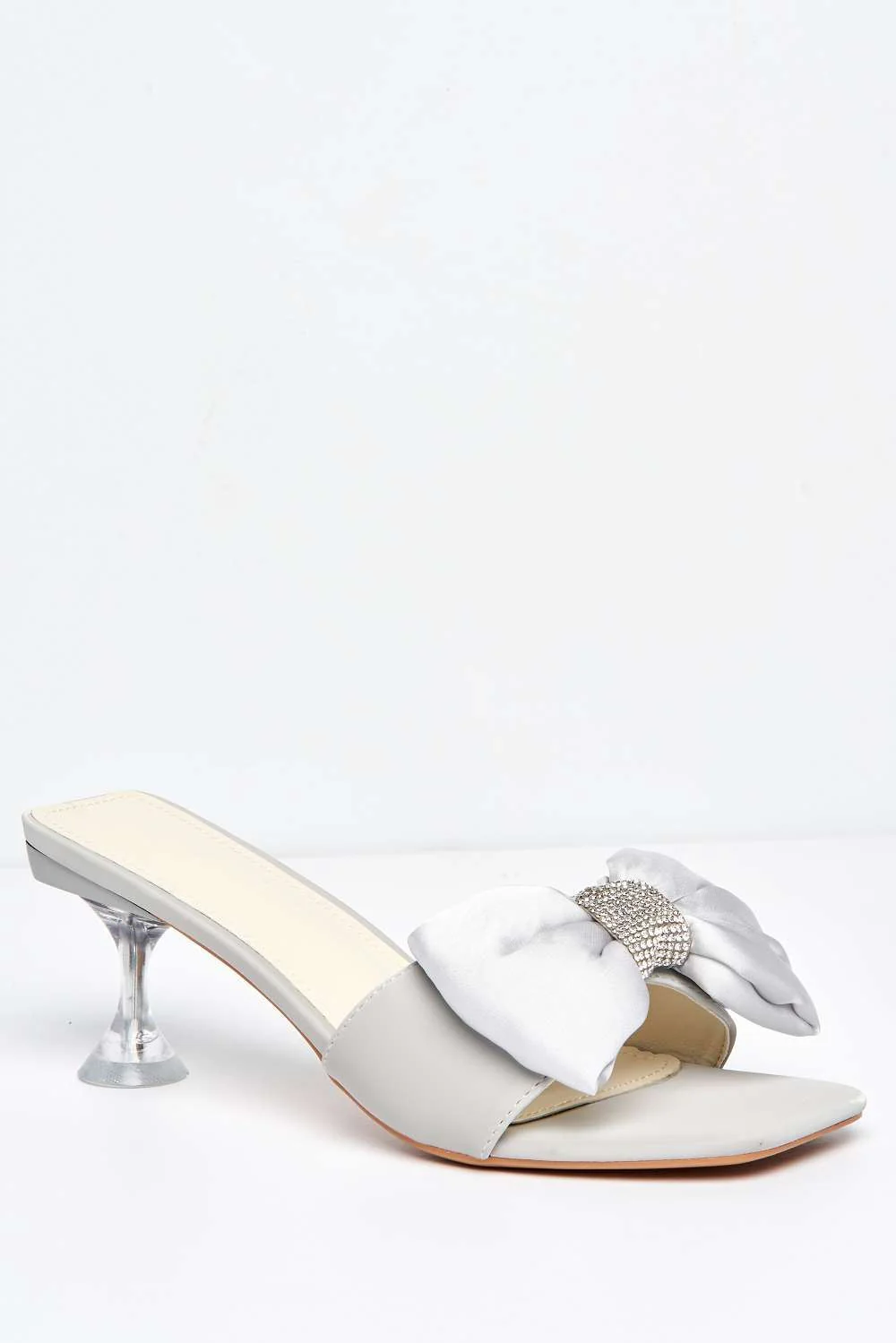 Kyra Bow Detail Low Perspex Heel Mules in Silver - Image 4