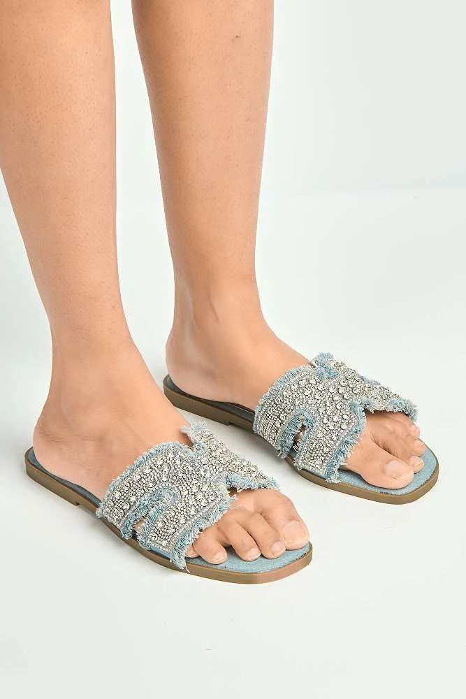 Ladan H Diamante Embellished Frey Band Sliders in Blue Denim