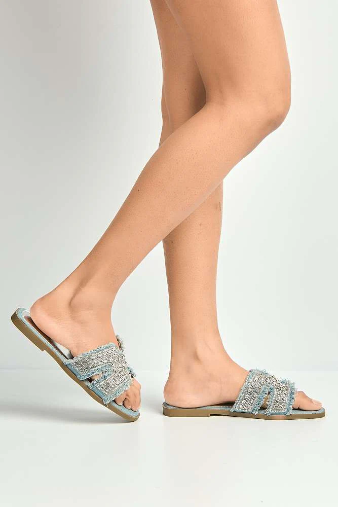 Ladan H Diamante Embellished Frey Band Sliders in Blue Denim - Image 3