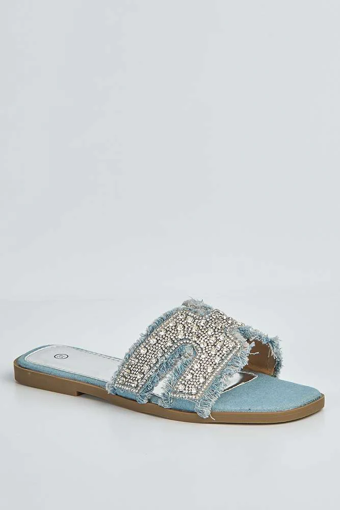 Ladan H Diamante Embellished Frey Band Sliders in Blue Denim - Image 4