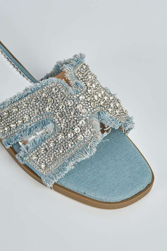 Ladan H Diamante Embellished Frey Band Sliders in Blue Denim - Image 5