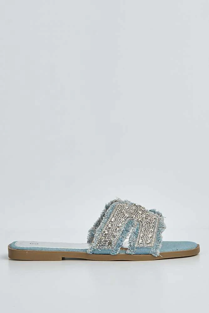 Ladan H Diamante Embellished Frey Band Sliders in Blue Denim - Image 6