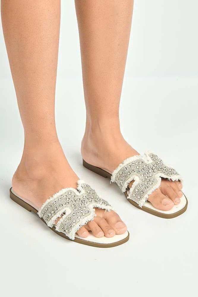 Ladan H Diamante Embellished Frey Band Sliders in White - Image 2