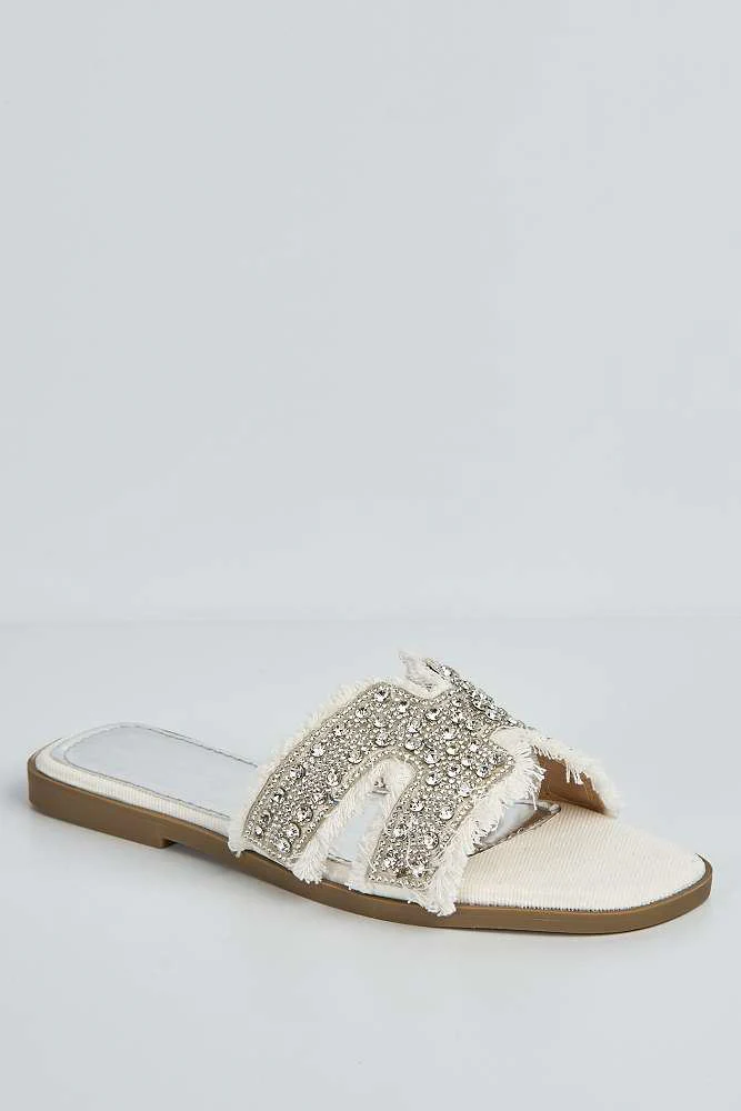 Ladan H Diamante Embellished Frey Band Sliders in White - Image 4