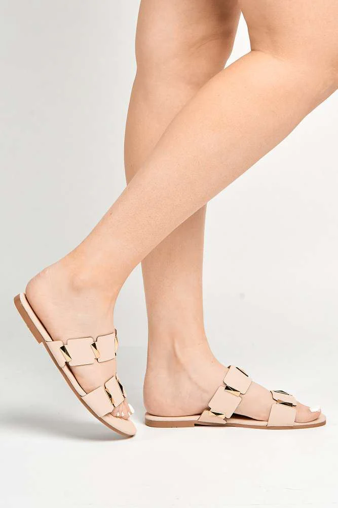 Laila Studded Strap Sliders in Beige - Image 2