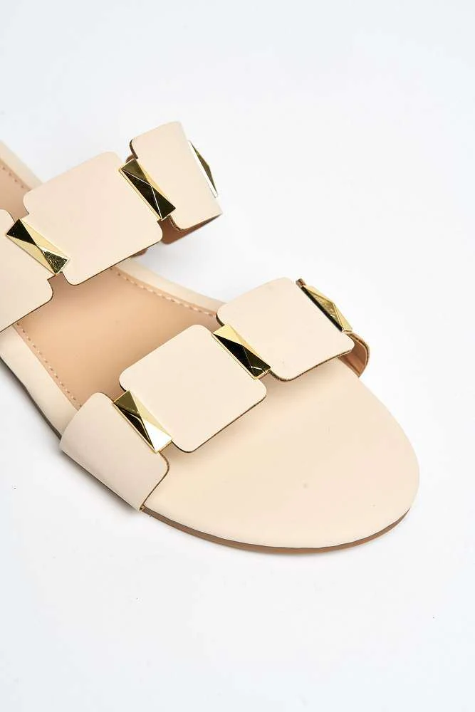 Laila Studded Strap Sliders in Beige - Image 6