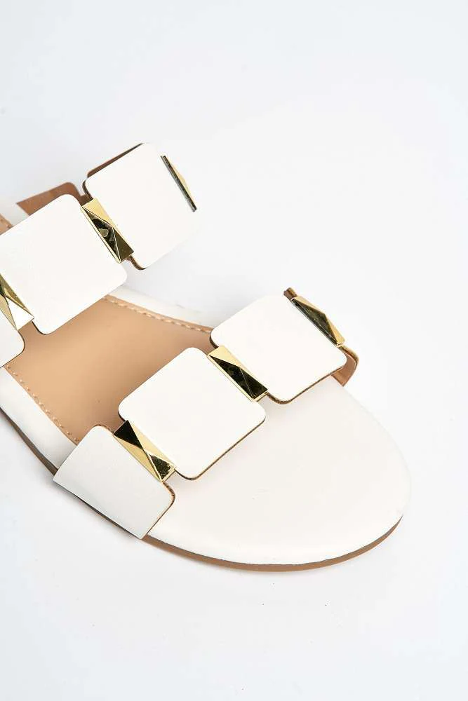 Laila Studded Strap Sliders in White - Image 6