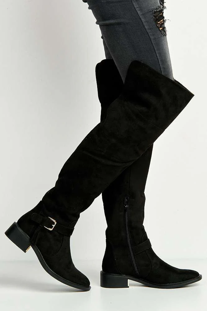 Lanae Low Heel Buckle Knee High Boots in Black - Image 3