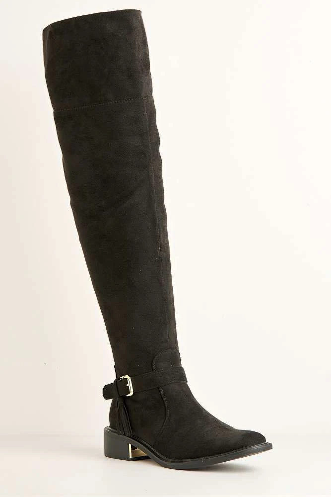 Lanae Low Heel Buckle Knee High Boots in Black - Image 4