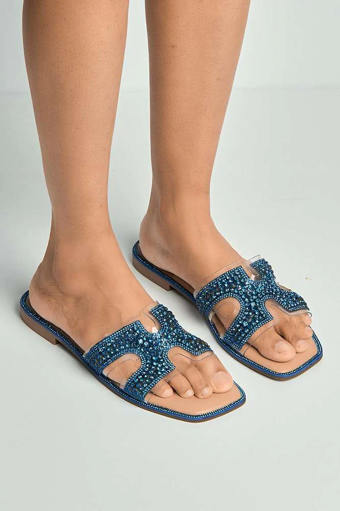 Laria Perspex Diamante Cut Out Sliders in Blue