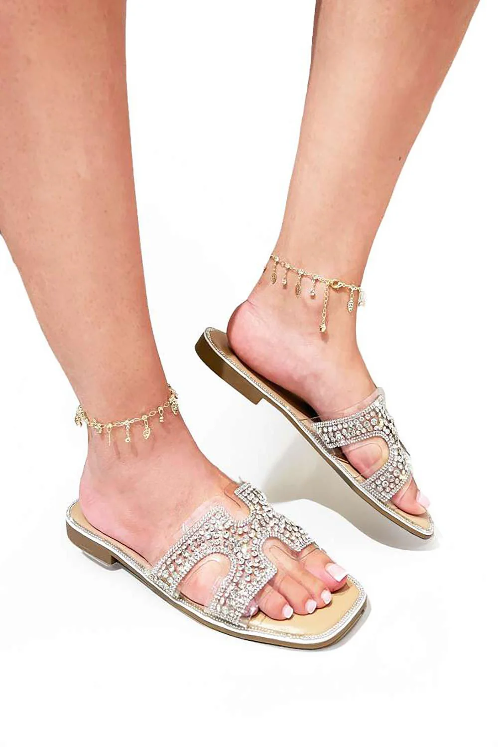 Laria Perspex Diamante Cut Out Sliders in Silver - Image 2