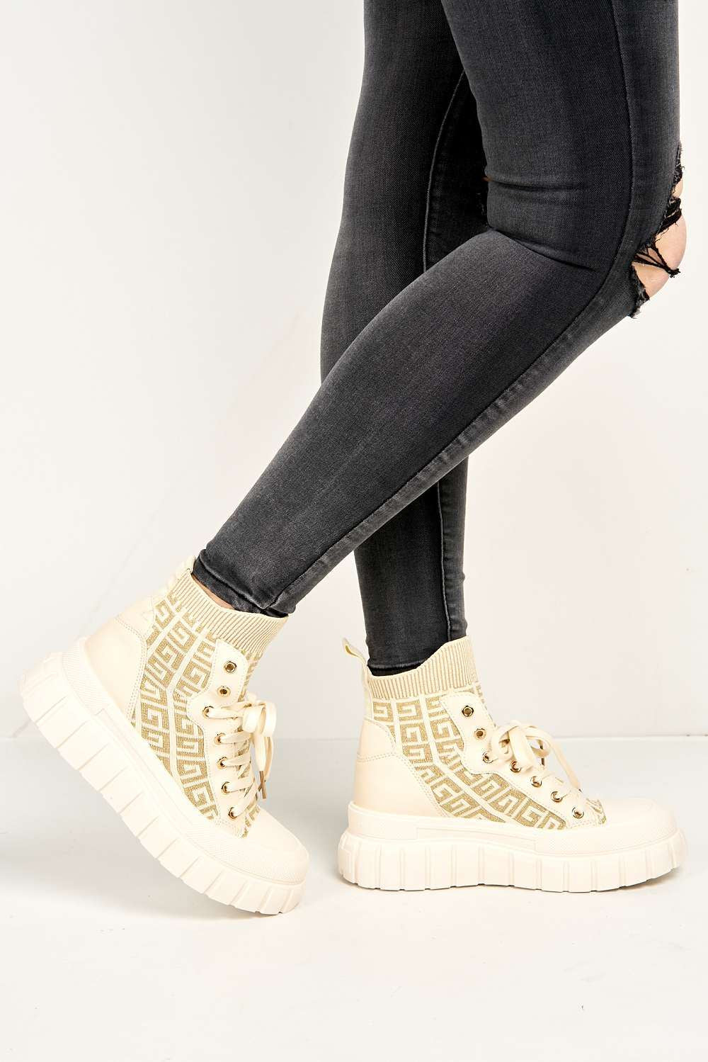Laverne Chunky Sole Patterned Lace-up Boots in Beige - Image 2