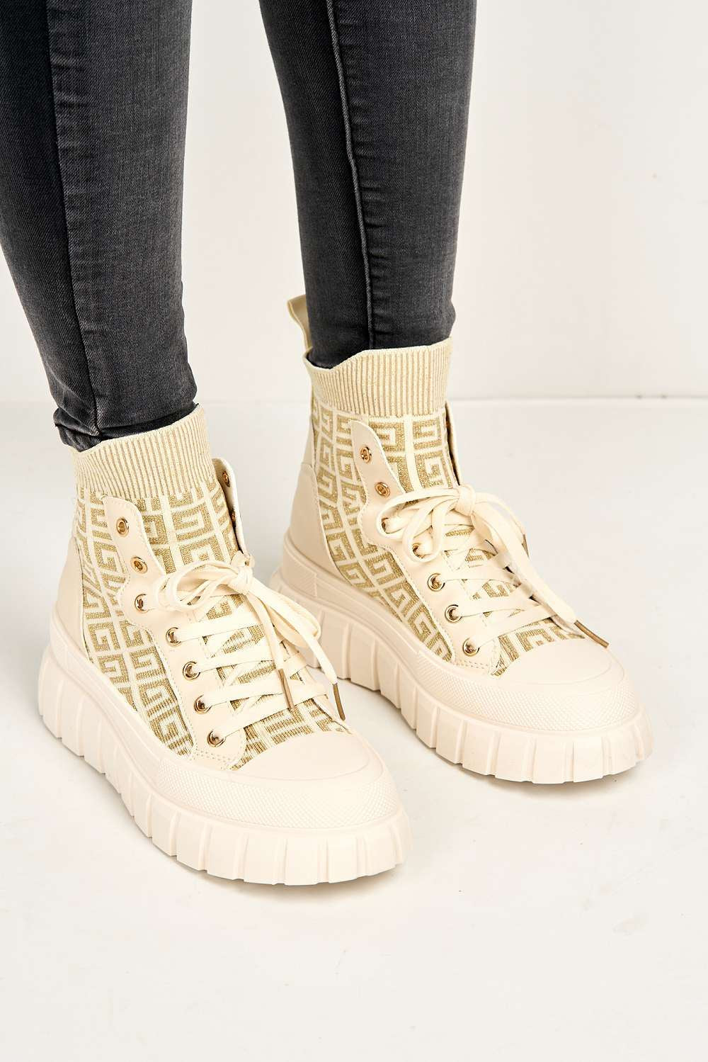 Laverne Chunky Sole Patterned Lace-up Boots in Beige - Image 3