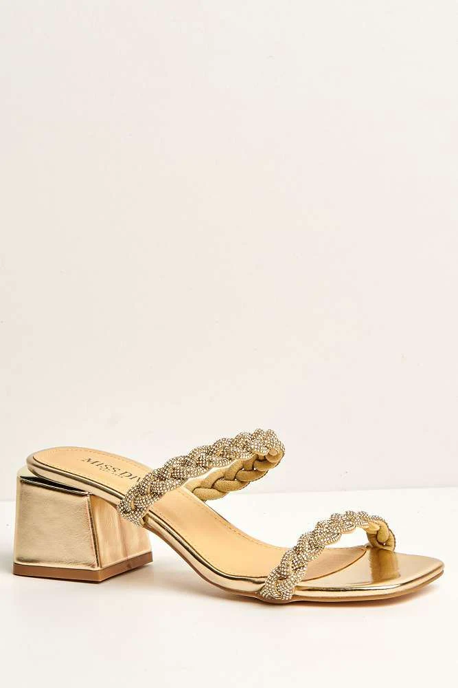 Lavinia 2 Strap Plaited Diamante Embellished Block Heels in Gold - Image 4