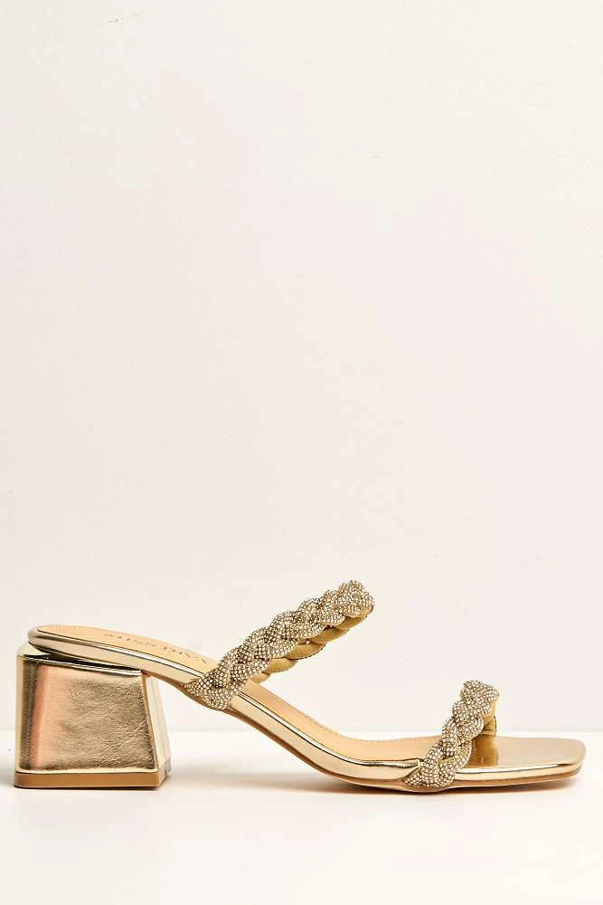 Lavinia 2 Strap Plaited Diamante Embellished Block Heels in Gold - Image 5