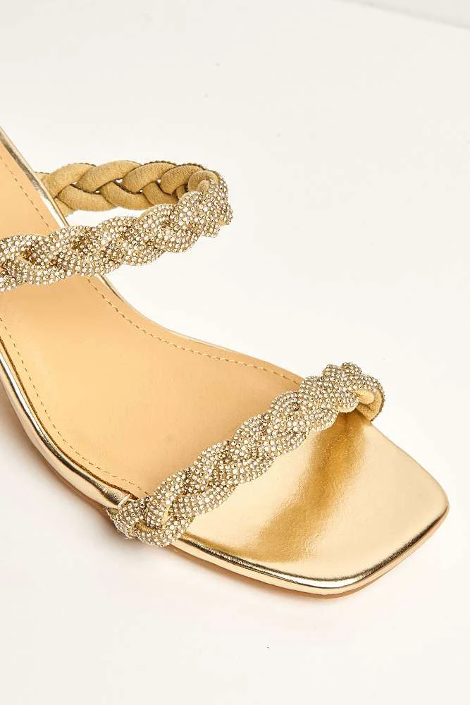 Lavinia 2 Strap Plaited Diamante Embellished Block Heels in Gold - Image 6