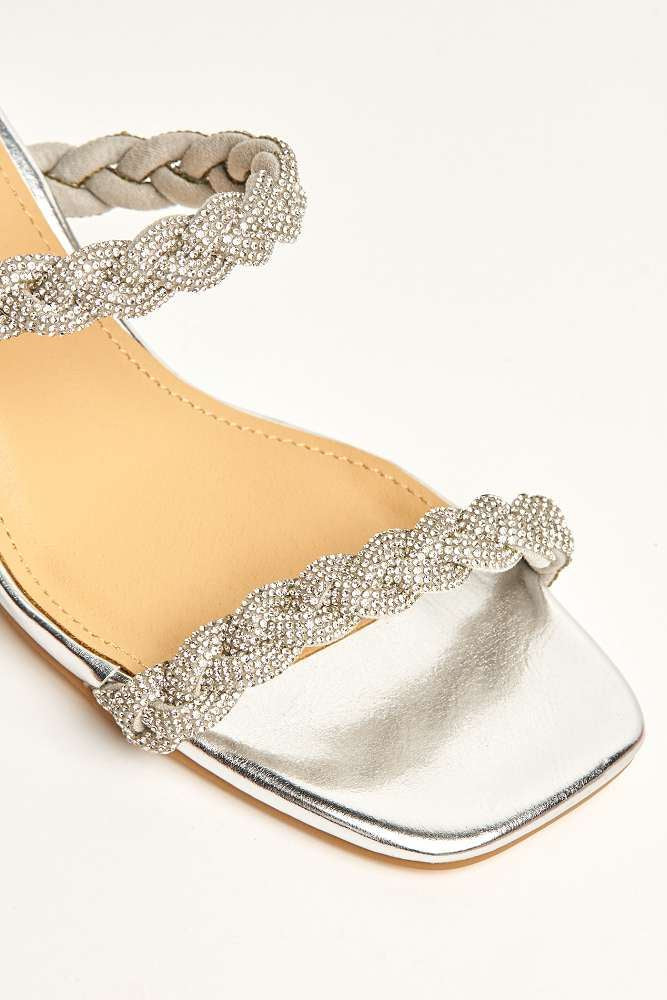 Lavinia 2 Strap Plaited Diamante Embellished Block Heels in Silver - Image 6