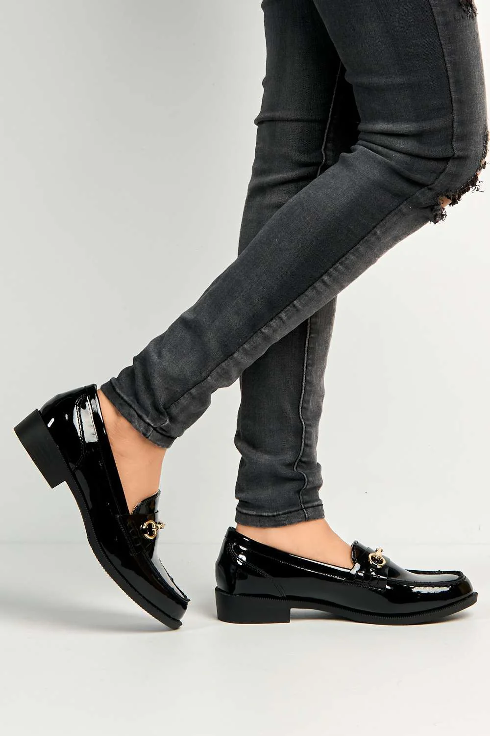 Leefia Horsebit Detail Loafers in Black Patent - Image 3