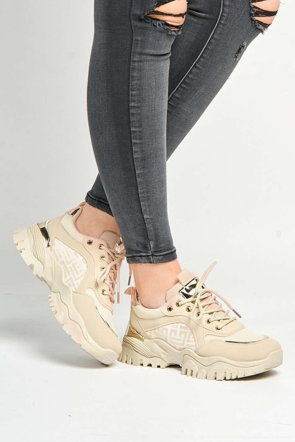 Leena Metallic Trim Chunky Sole Lace Up Trainers in Beige - Image 2