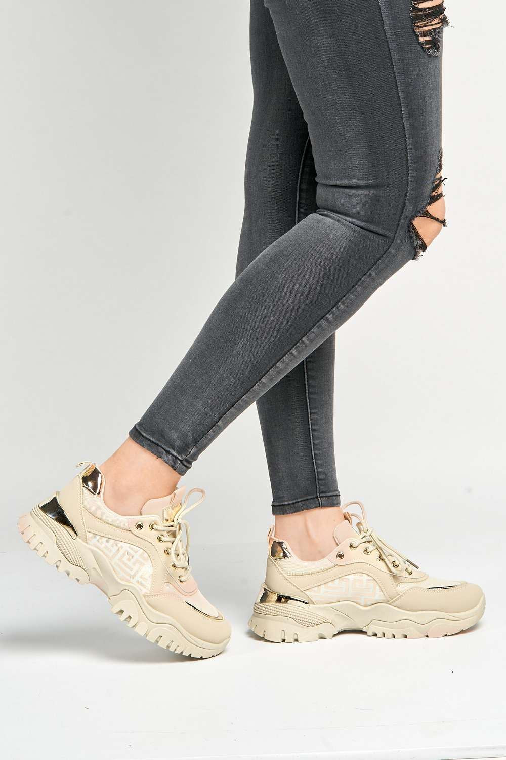 Leena Metallic Trim Chunky Sole Lace Up Trainers in Beige - Image 3