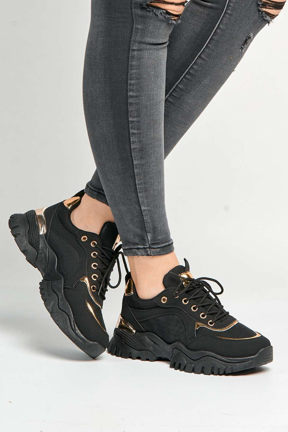 Leena Metallic Trim Chunky Sole Lace Up Trainers in Black