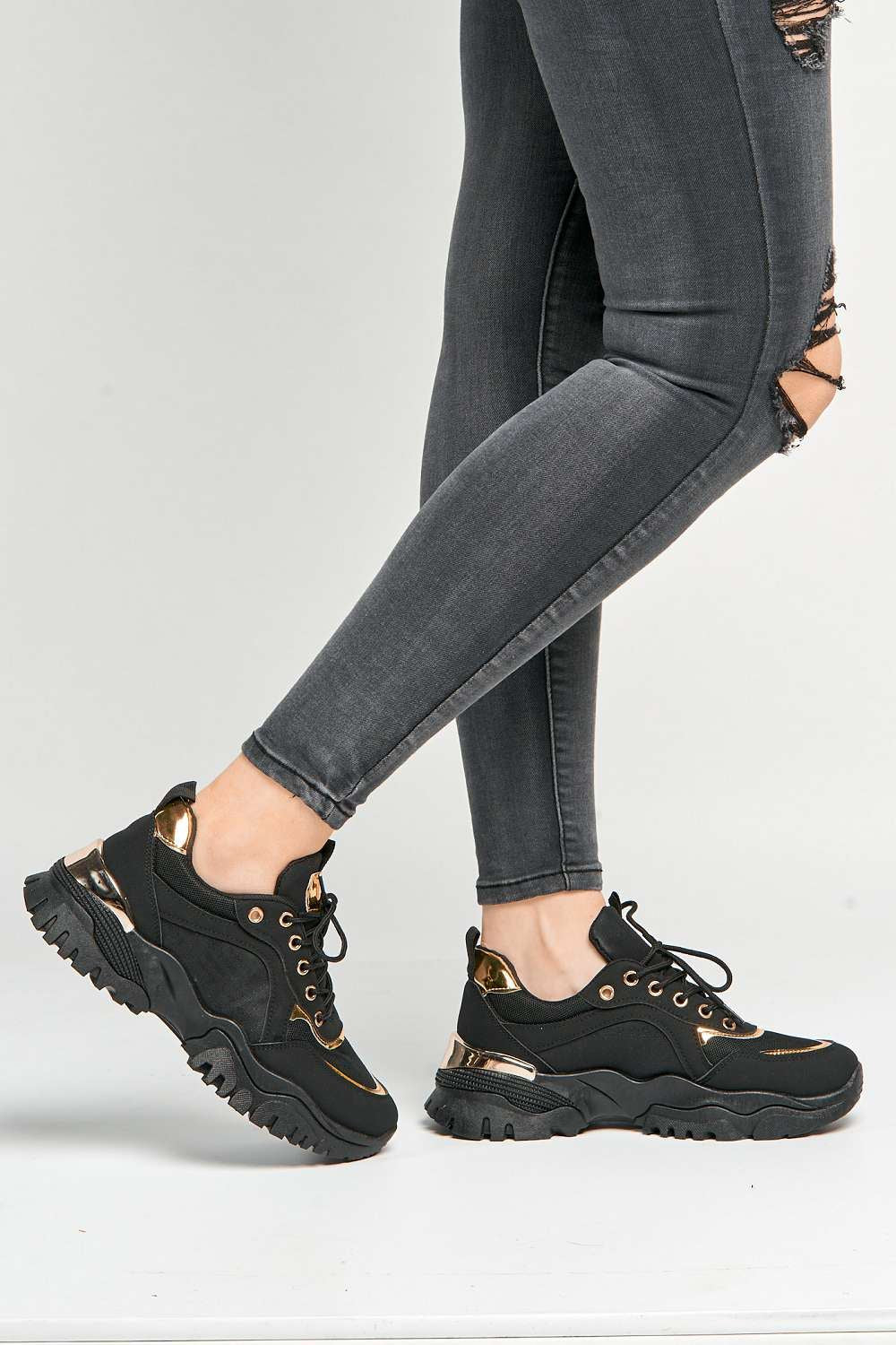 Leena Metallic Trim Chunky Sole Lace Up Trainers in Black - Image 3