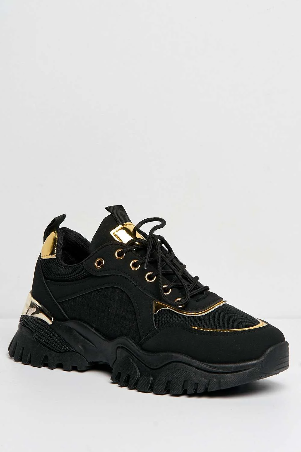 Leena Metallic Trim Chunky Sole Lace Up Trainers in Black - Image 4