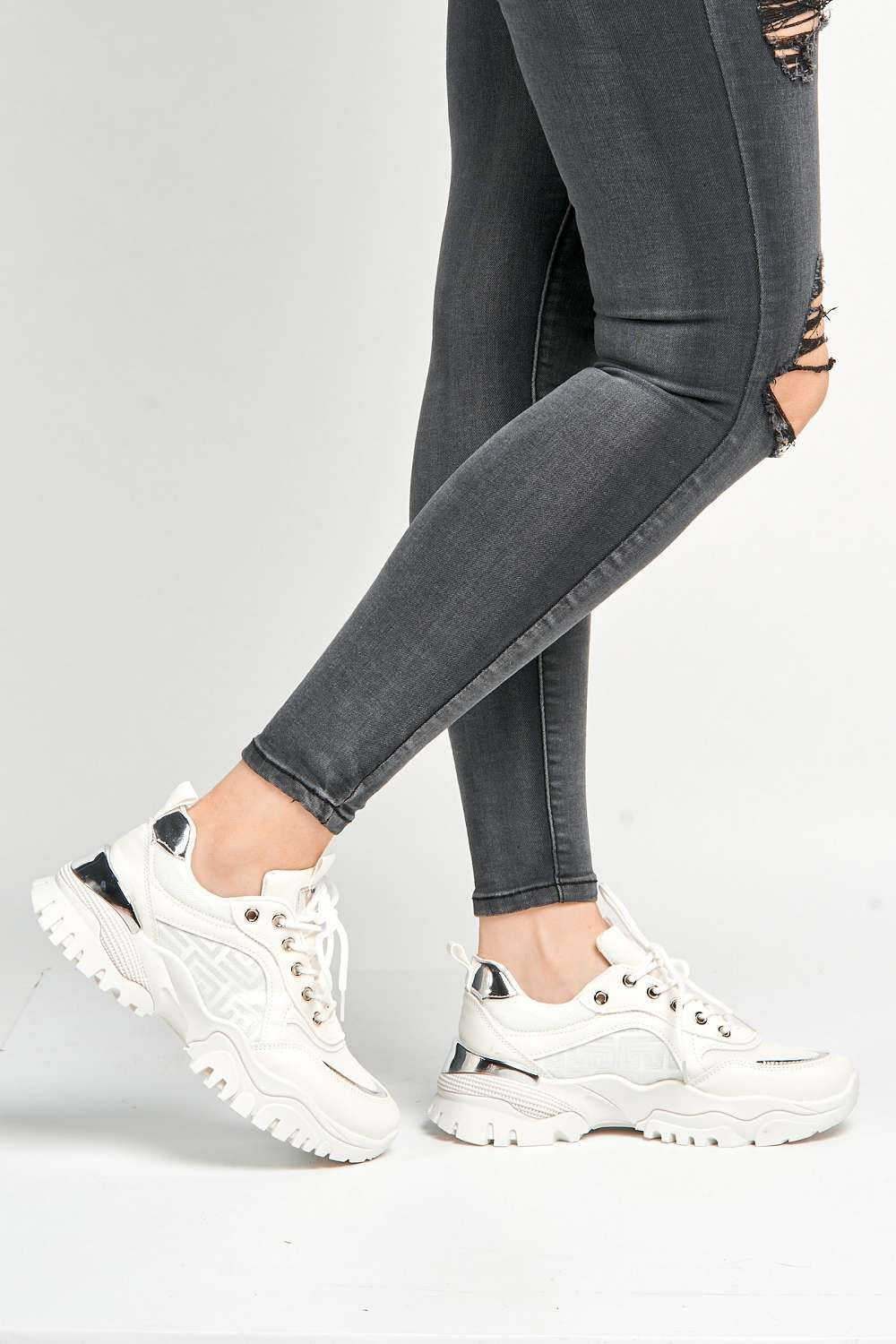 Leena Metallic Trim Chunky Sole Lace Up Trainers in White - Image 3