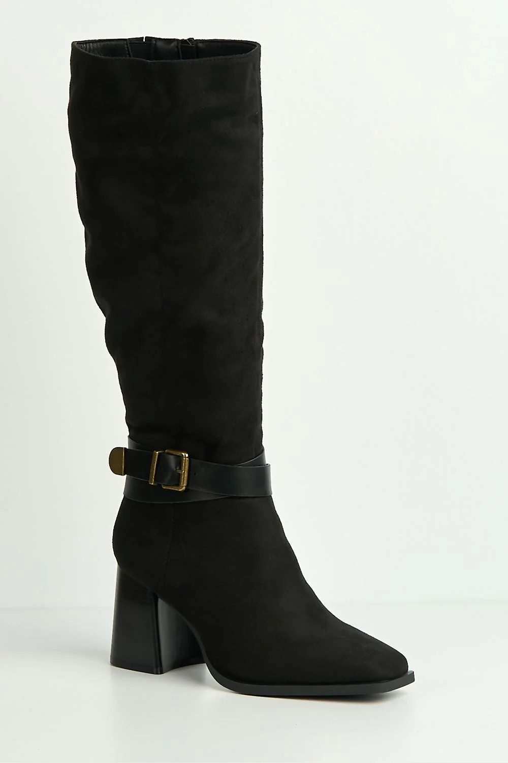 Leilani Gold Buckle Detail Knee High Block Heel Boots in Black - Image 4