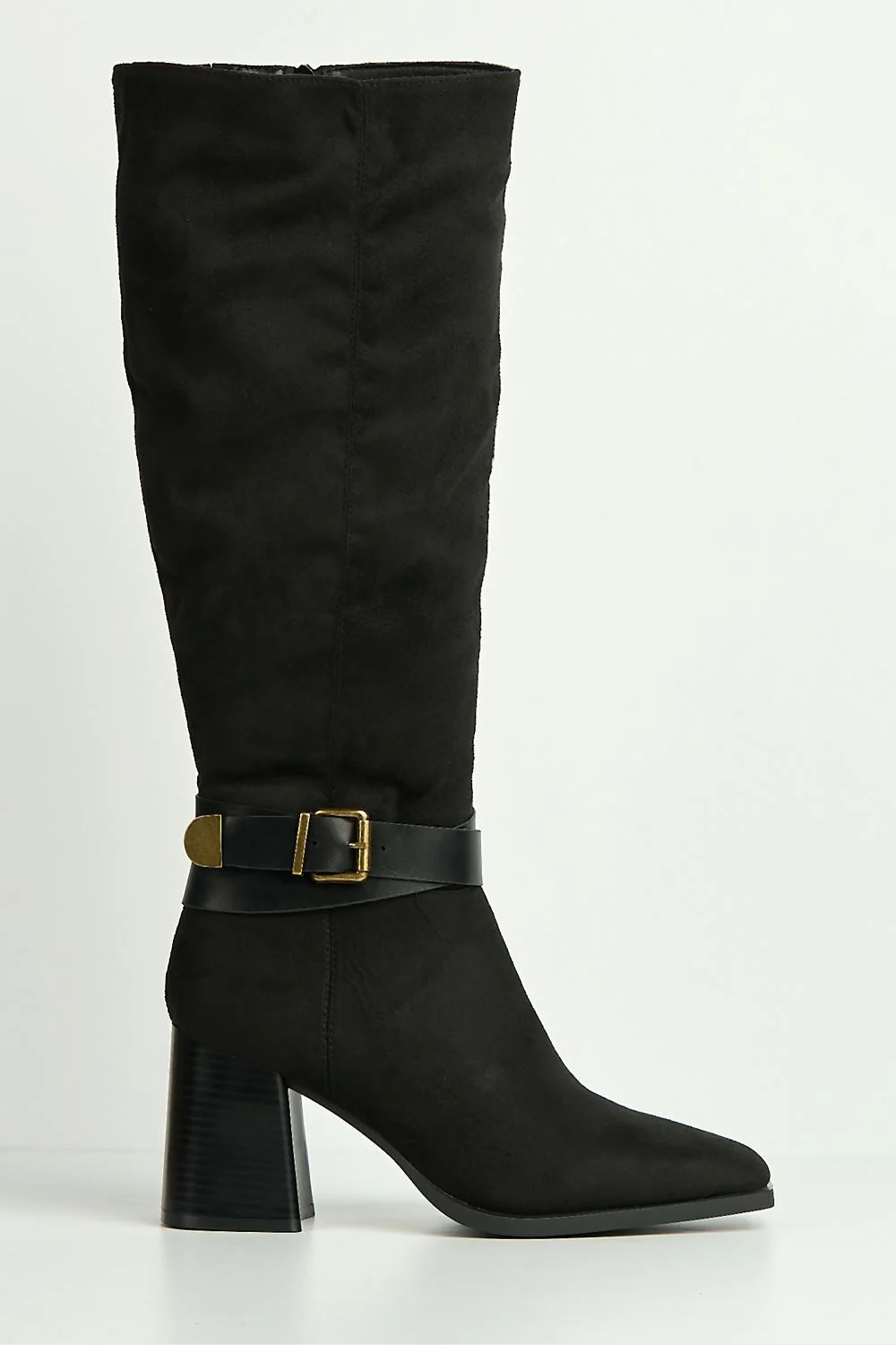 Leilani Gold Buckle Detail Knee High Block Heel Boots in Black - Image 5