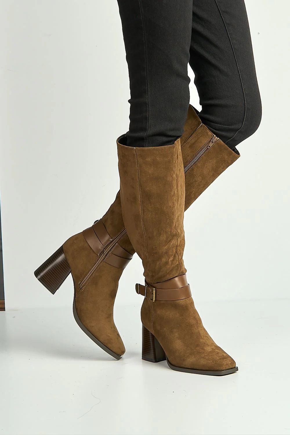 Leilani Gold Buckle Detail Knee High Block Heel Boots in Camel