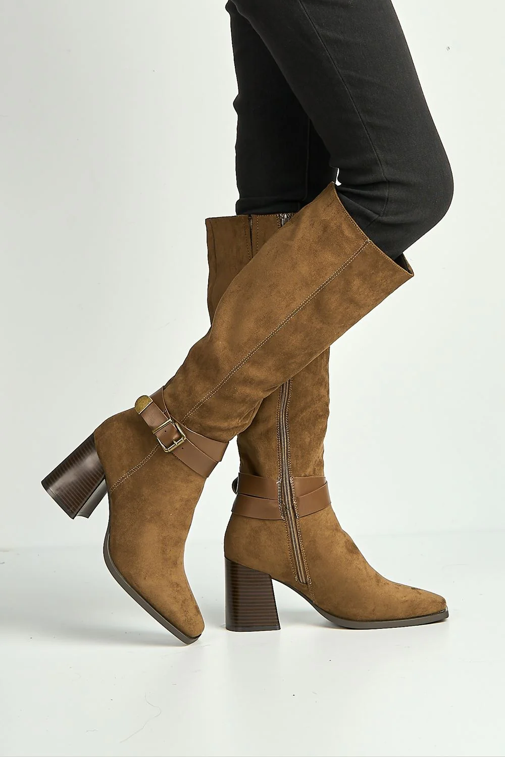 Leilani Gold Buckle Detail Knee High Block Heel Boots in Camel - Image 3