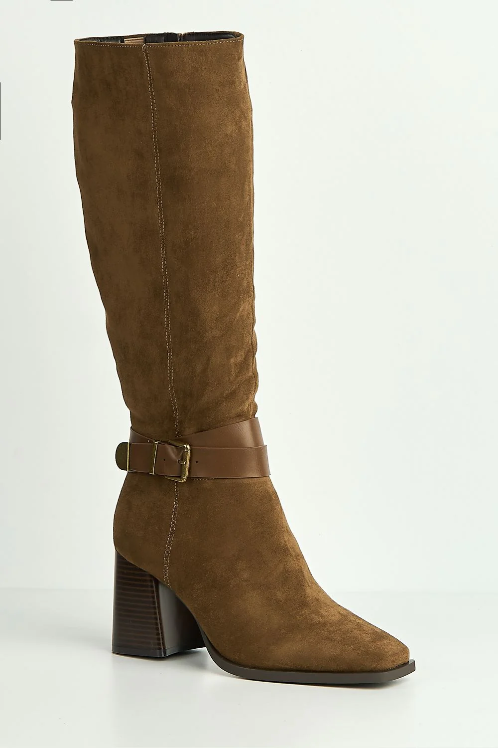 Leilani Gold Buckle Detail Knee High Block Heel Boots in Camel - Image 4